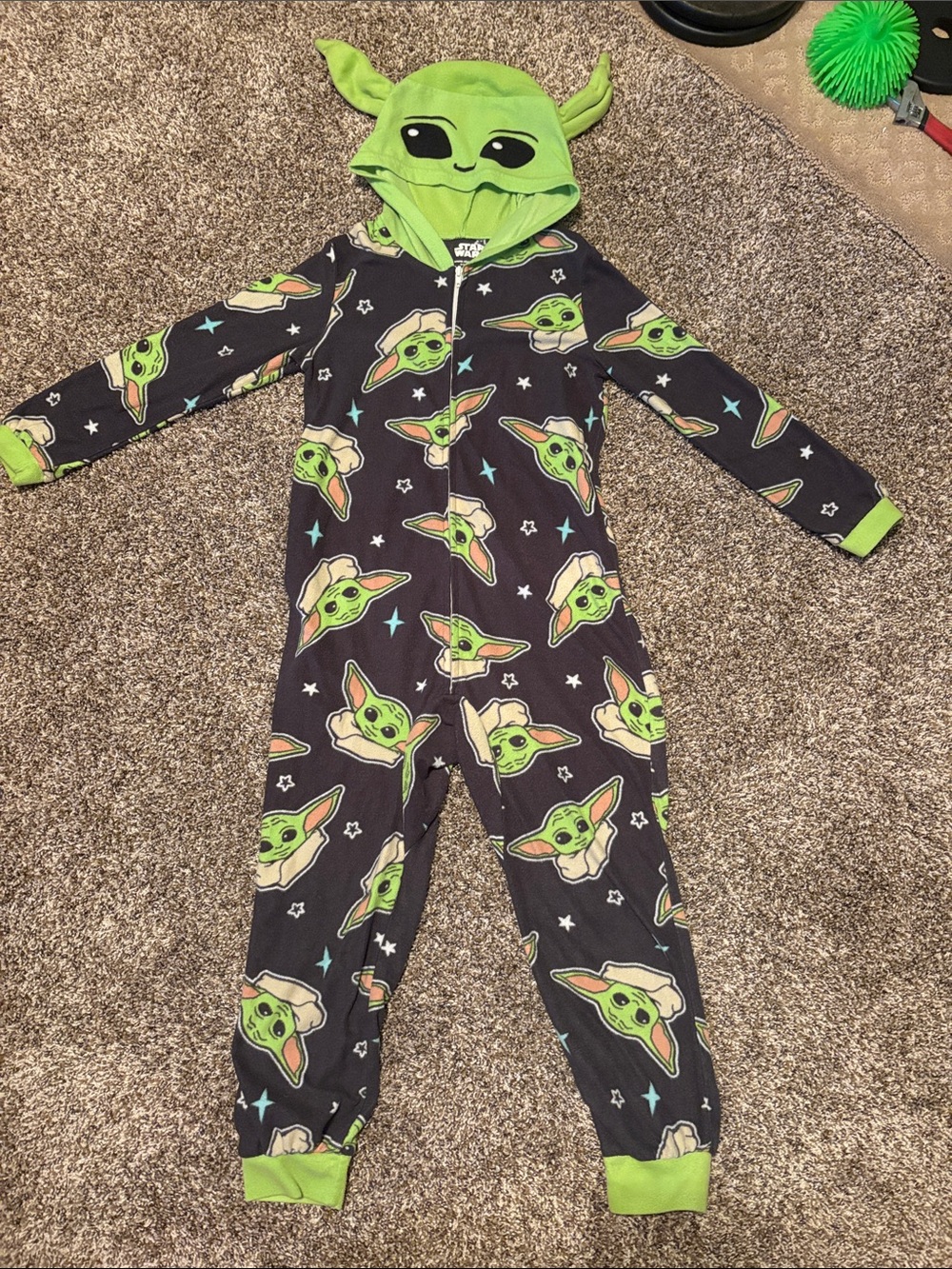 Star Wars Grogu Black & Green Kids Hooded One-Piece Pajama